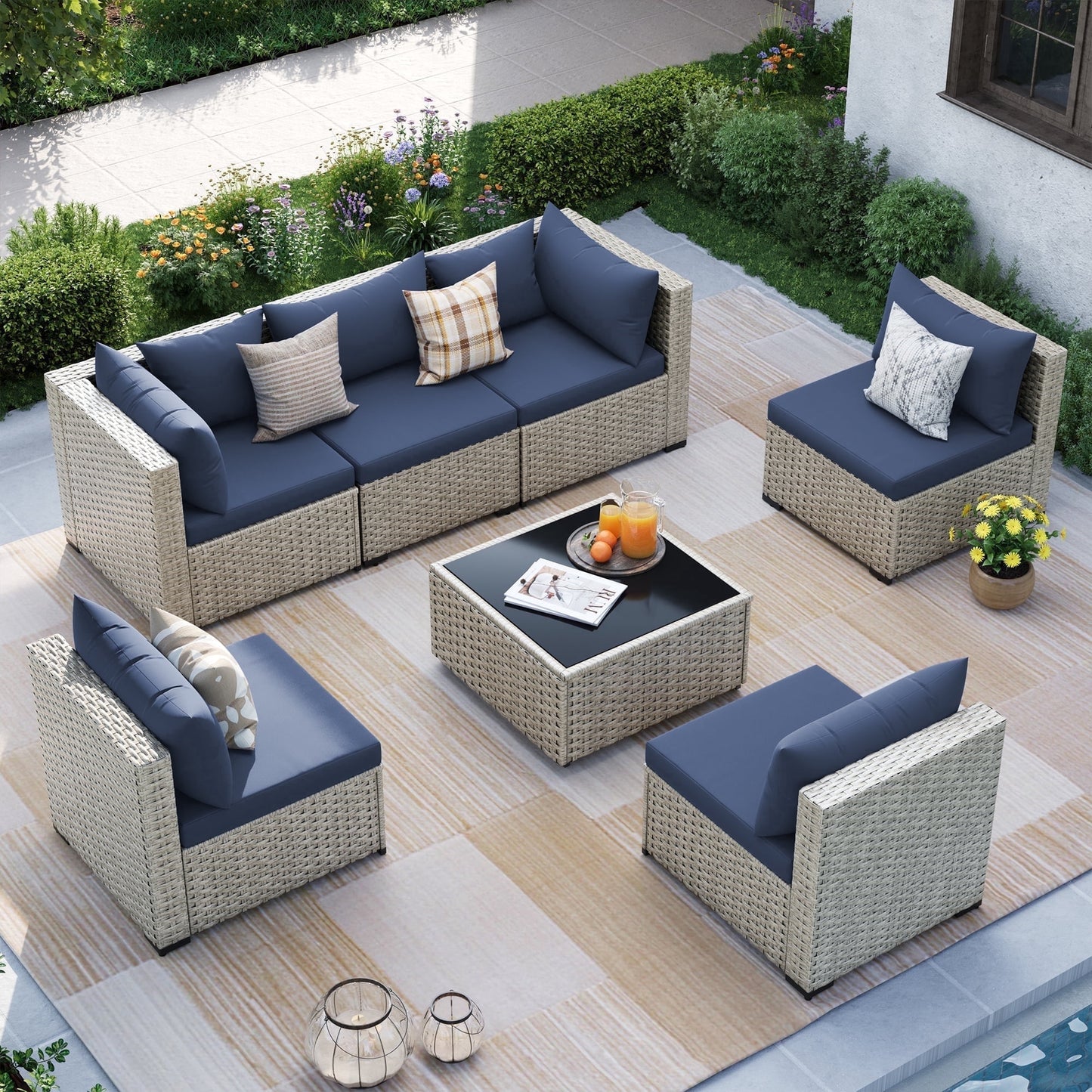 MRUAKA Outdoor Patio Furniture Set, 7-Piece Modular Sectional Sofa Wit