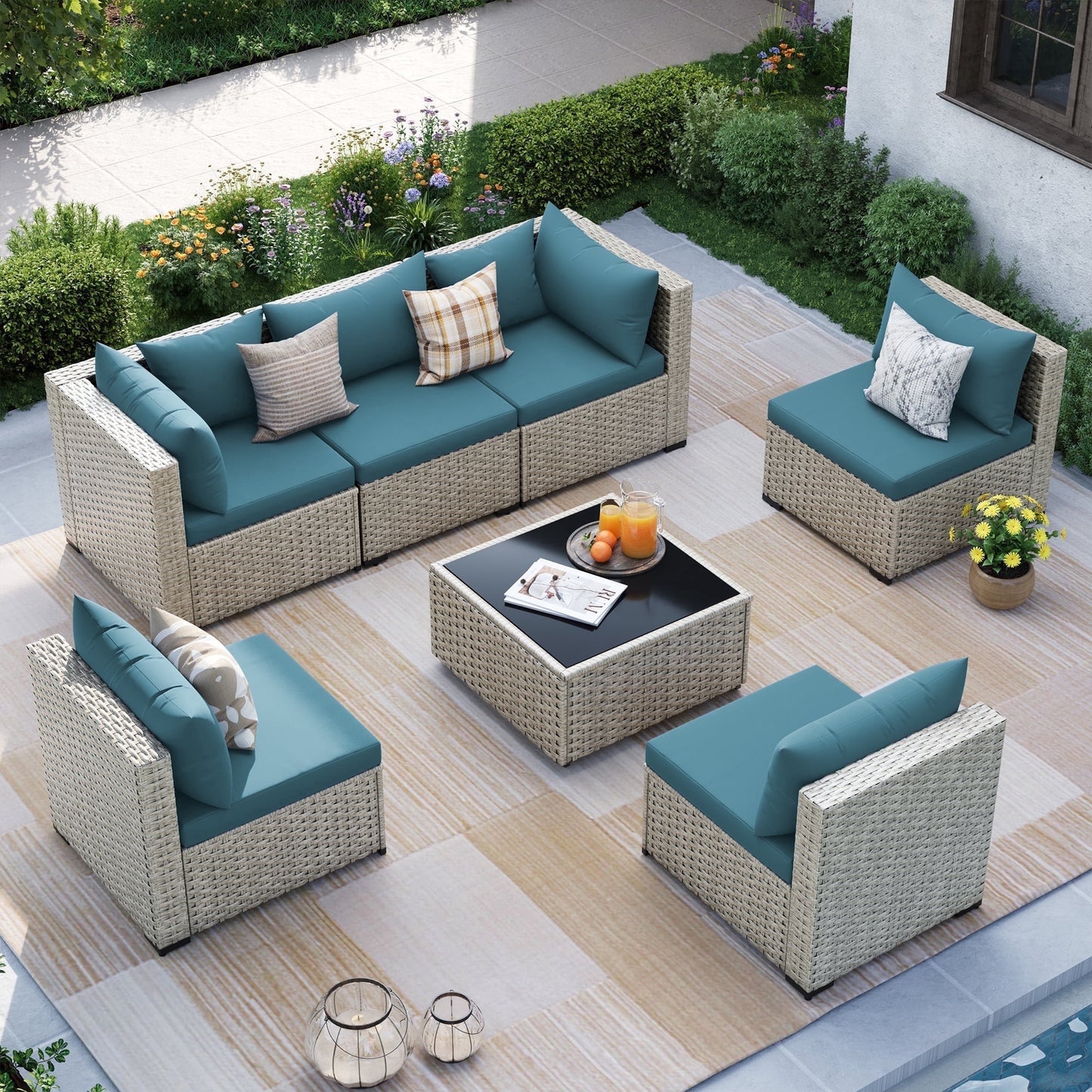 MRUAKA Outdoor Patio Furniture Set, 7-Piece Modular Sectional Sofa Wit