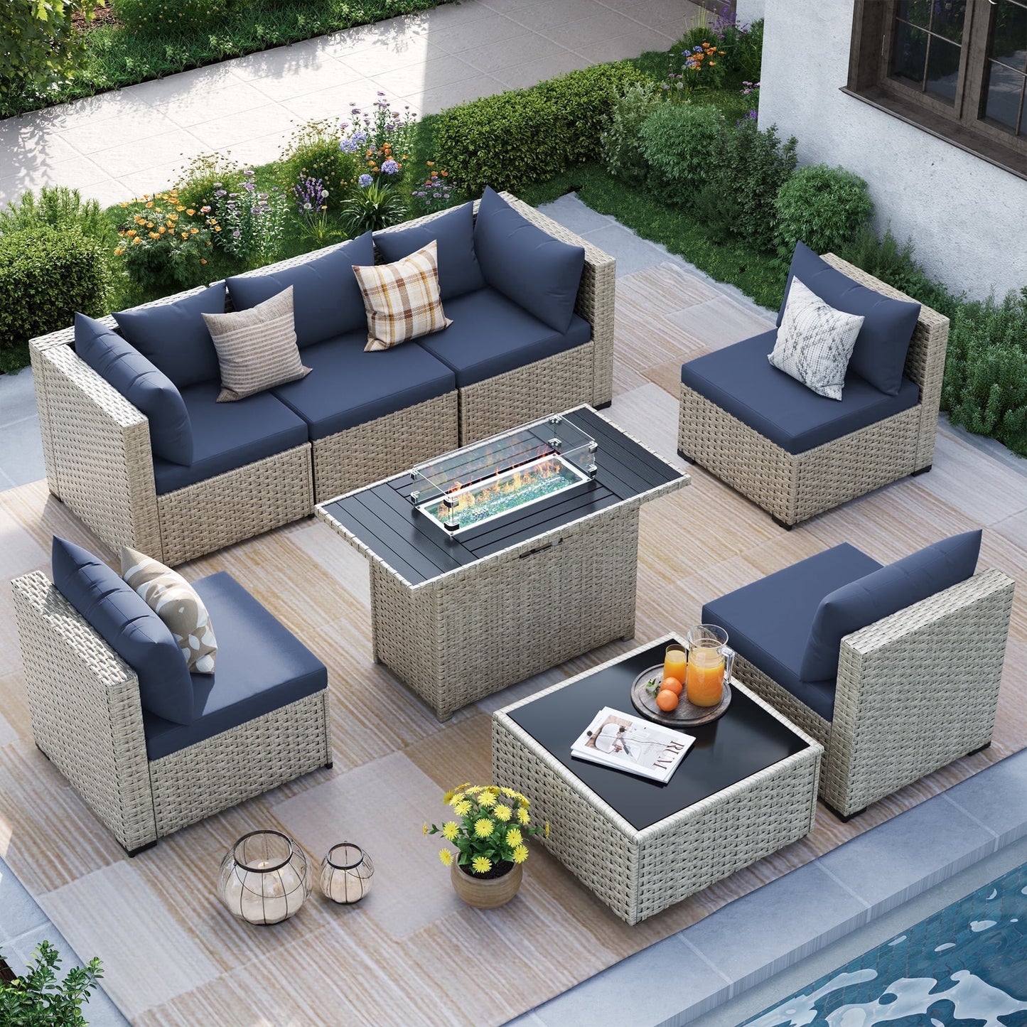 MRUAKA Outdoor Patio Furniture Set, 7-Piece Modular Sectional Sofa Wit