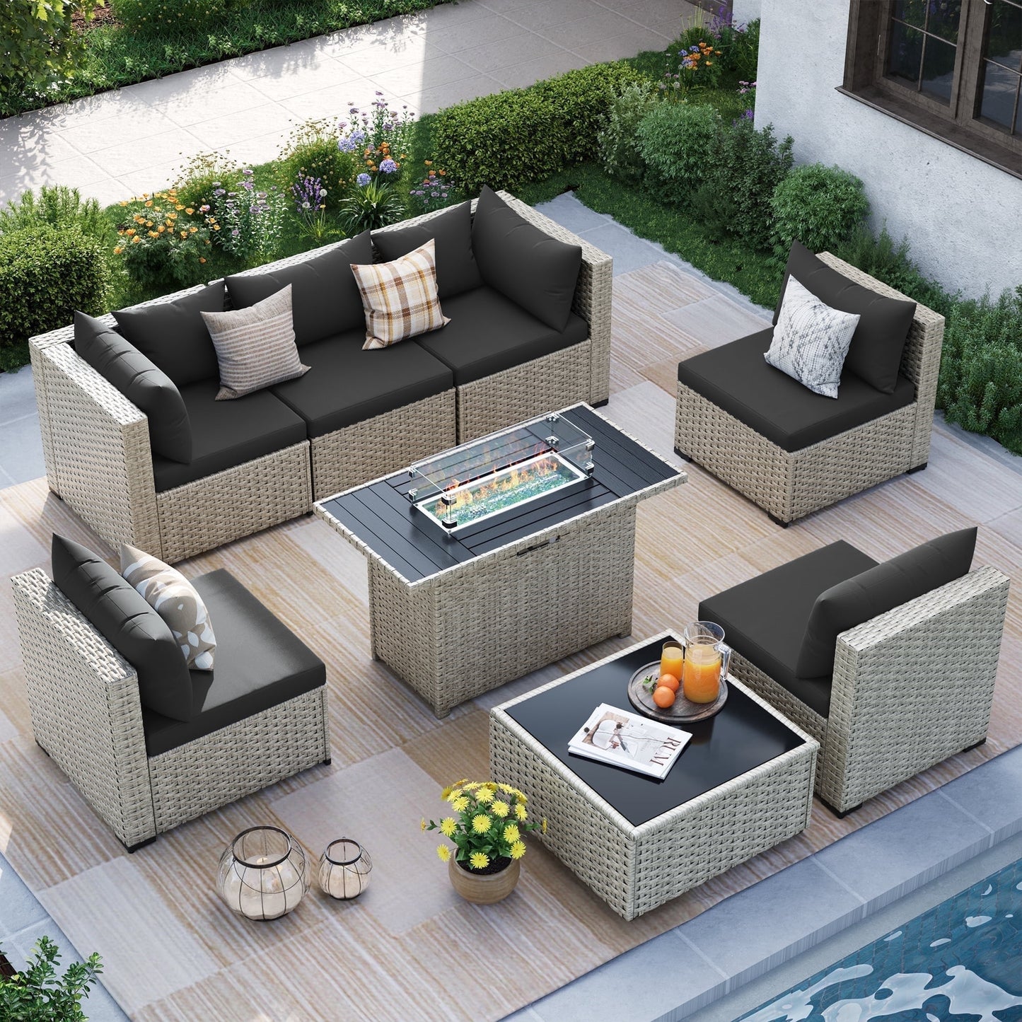 MRUAKA Outdoor Patio Furniture Set, 7-Piece Modular Sectional Sofa Wit