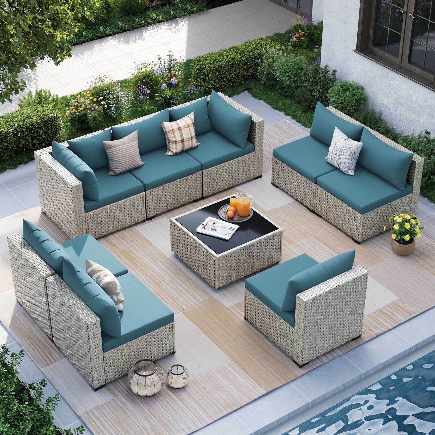 MRUAKA Outdoor Patio Furniture Set, 7-Piece Modular Sectional Sofa Wit