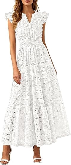 PRETTYGARDEN Womens Boho Maxi Dresses Summer Floral Lace Eyelet V Neck