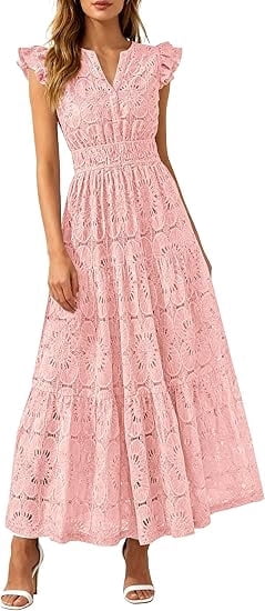 PRETTYGARDEN Womens Boho Maxi Dresses Summer Floral Lace Eyelet V Neck