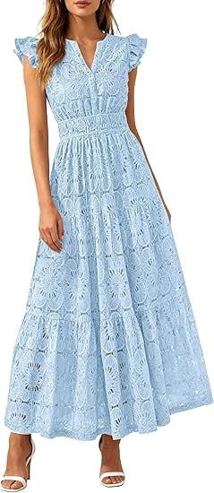 PRETTYGARDEN Womens Boho Maxi Dresses Summer Floral Lace Eyelet V Neck