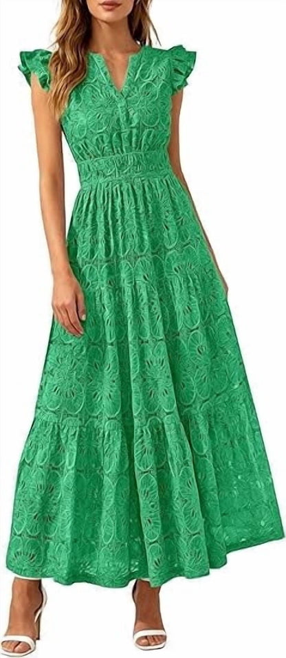 PRETTYGARDEN Womens Boho Maxi Dresses Summer Floral Lace Eyelet V Neck