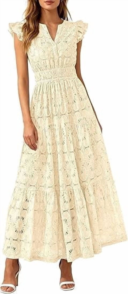 PRETTYGARDEN Womens Boho Maxi Dresses Summer Floral Lace Eyelet V Neck
