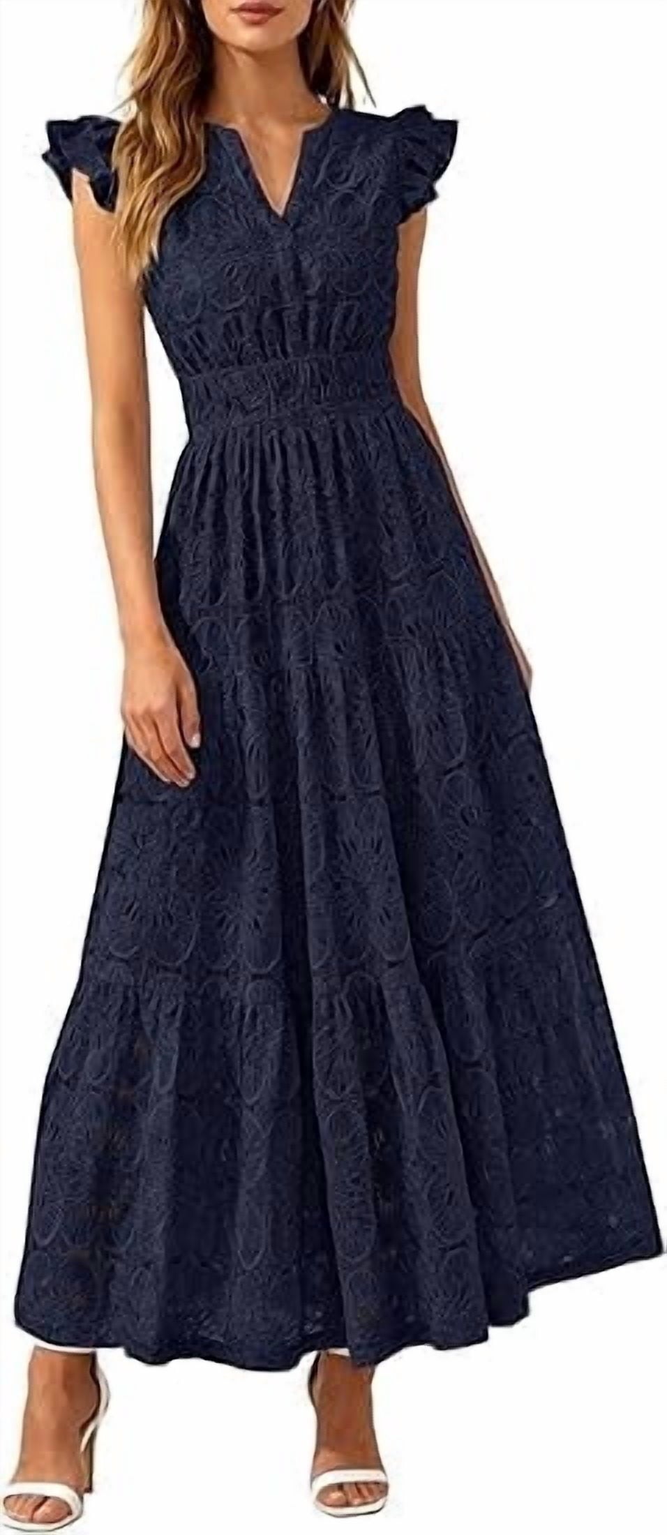 PRETTYGARDEN Womens Boho Maxi Dresses Summer Floral Lace Eyelet V Neck