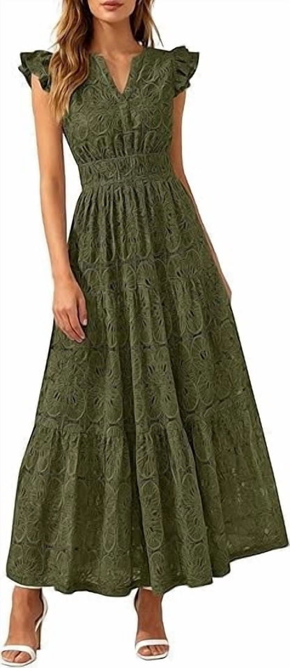 PRETTYGARDEN Womens Boho Maxi Dresses Summer Floral Lace Eyelet V Neck