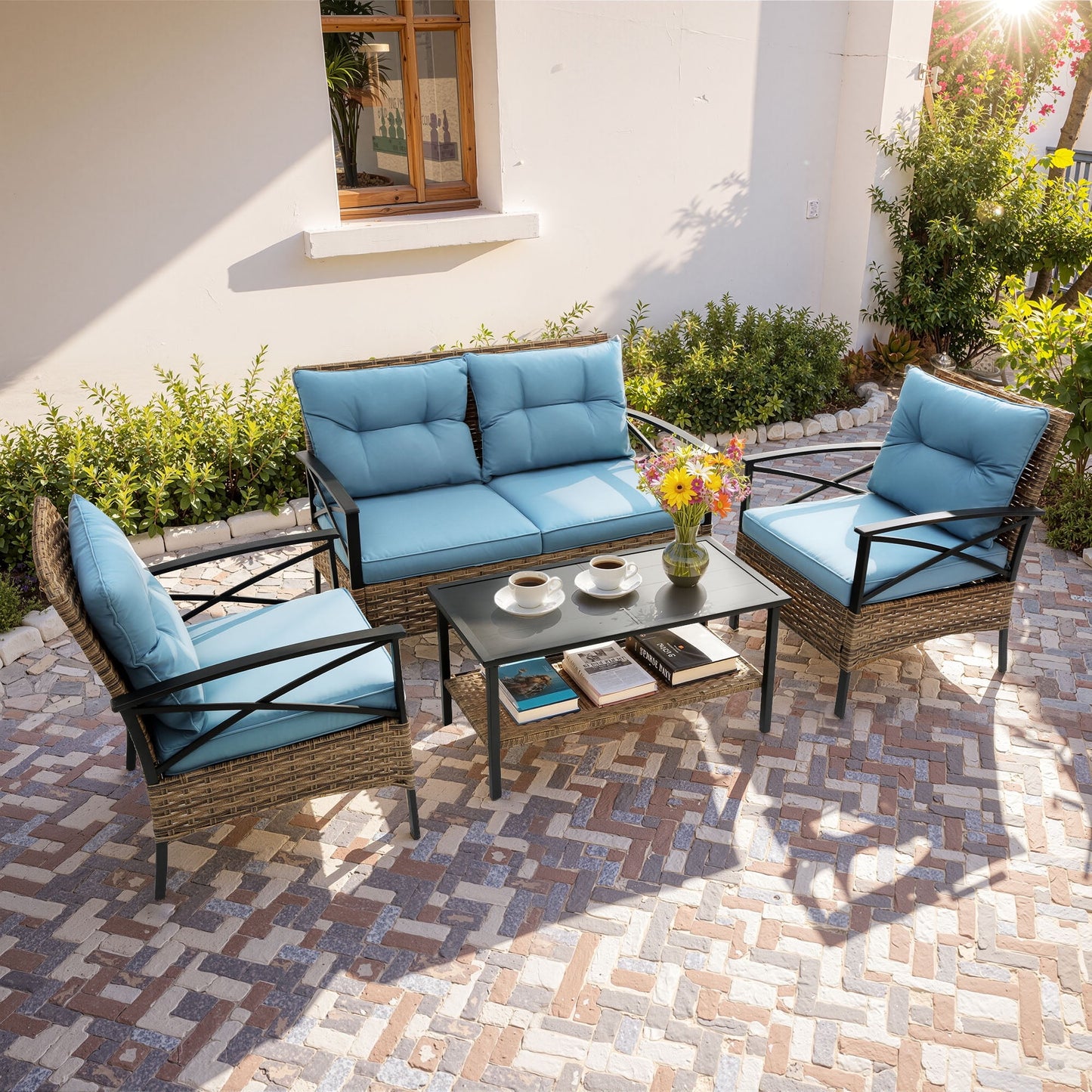 Patio Sofa Set, 4 Pieces Outdoor Sectional Furniture, All-Weather PE R
