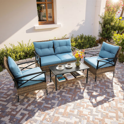 Patio Sofa Set, 4 Pieces Outdoor Sectional Furniture, All-Weather PE R