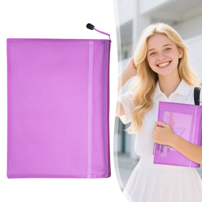 Blue A4 Mesh Zipper File Bags, Waterproof Document Organizer Pouch for