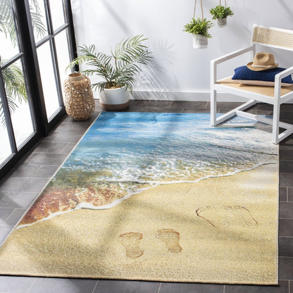 SAFAVIEH Barbados Sand Footprints Outdoor Area Rug, Gold/Blue, 8' x 10
