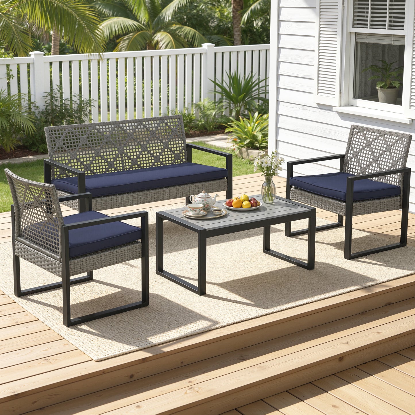 Patio Sofa Set, 4 Pieces Outdoor Sectional Furniture, All-Weather PE R