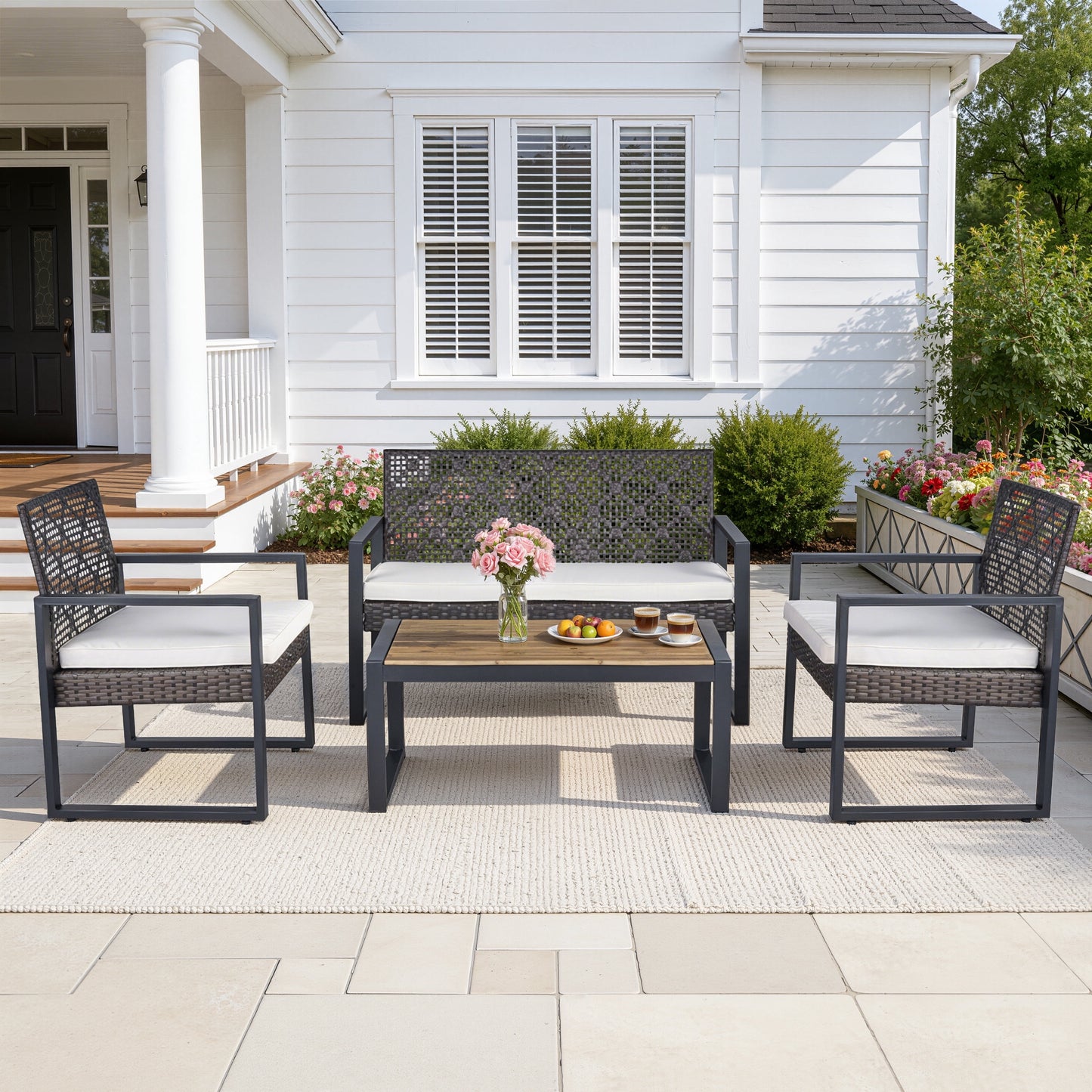 Patio Sofa Set, 4 Pieces Outdoor Sectional Furniture, All-Weather PE R