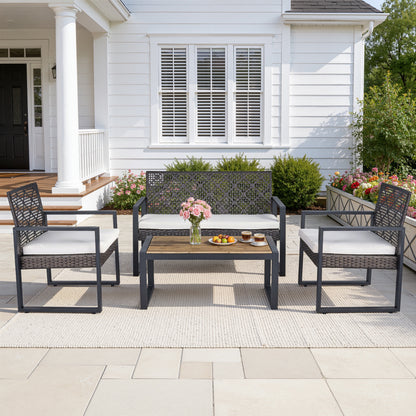 Patio Sofa Set, 4 Pieces Outdoor Sectional Furniture, All-Weather PE R