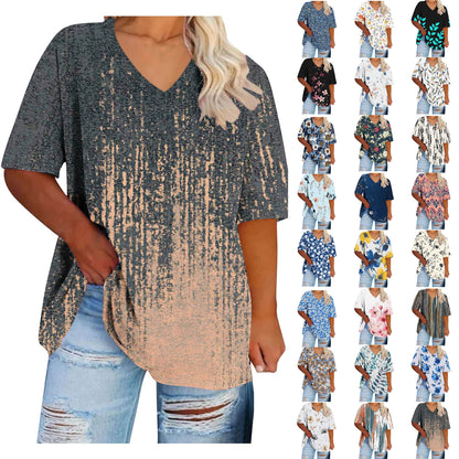 Women Tops Trendy Sawvnm Women's Plus-Size V-Neck Short Sleeved Printi