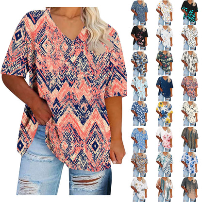 Women Tops Trendy Sawvnm Women's Plus-Size V-Neck Short Sleeved Printi