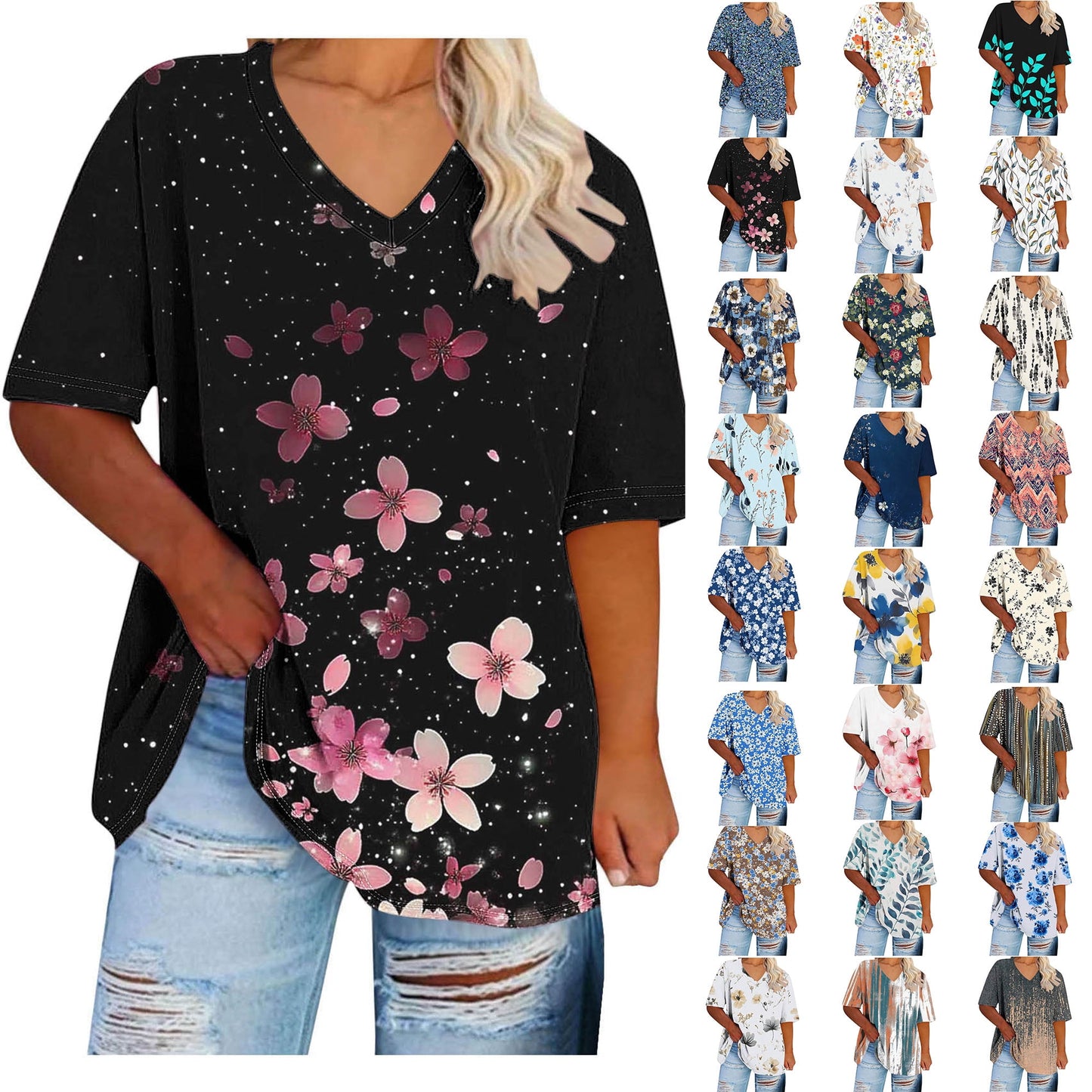 Women Tops Trendy Sawvnm Women's Plus-Size V-Neck Short Sleeved Printi
