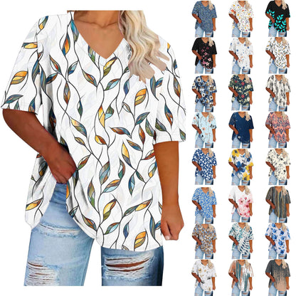 Women Tops Trendy Sawvnm Women's Plus-Size V-Neck Short Sleeved Printi
