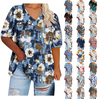 Women Tops Trendy Sawvnm Women's Plus-Size V-Neck Short Sleeved Printi
