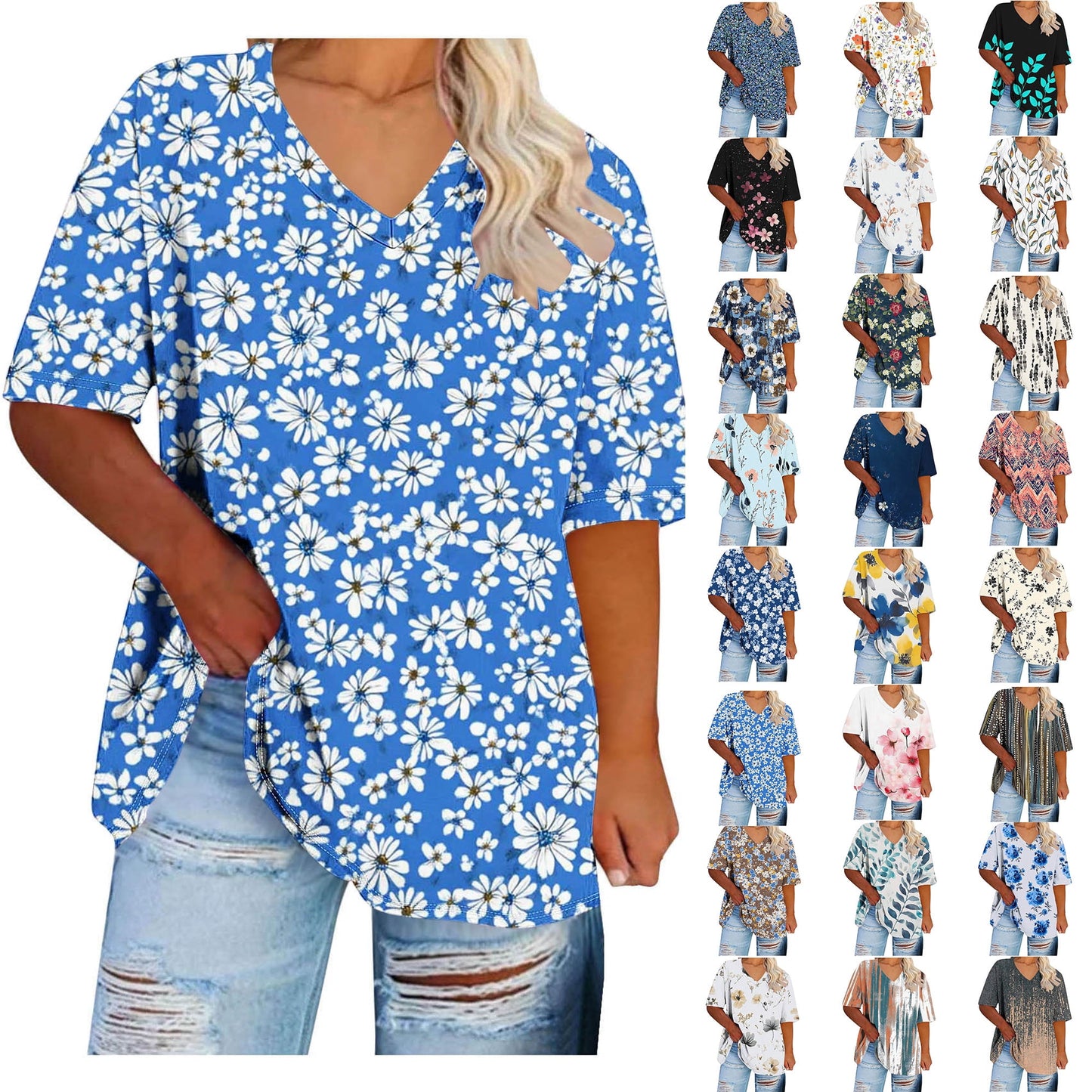 Women Tops Trendy Sawvnm Women's Plus-Size V-Neck Short Sleeved Printi