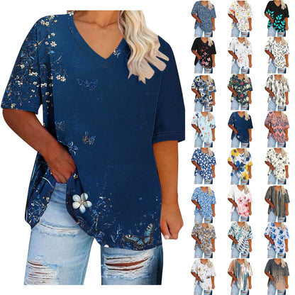 Women Tops Trendy Sawvnm Women's Plus-Size V-Neck Short Sleeved Printi