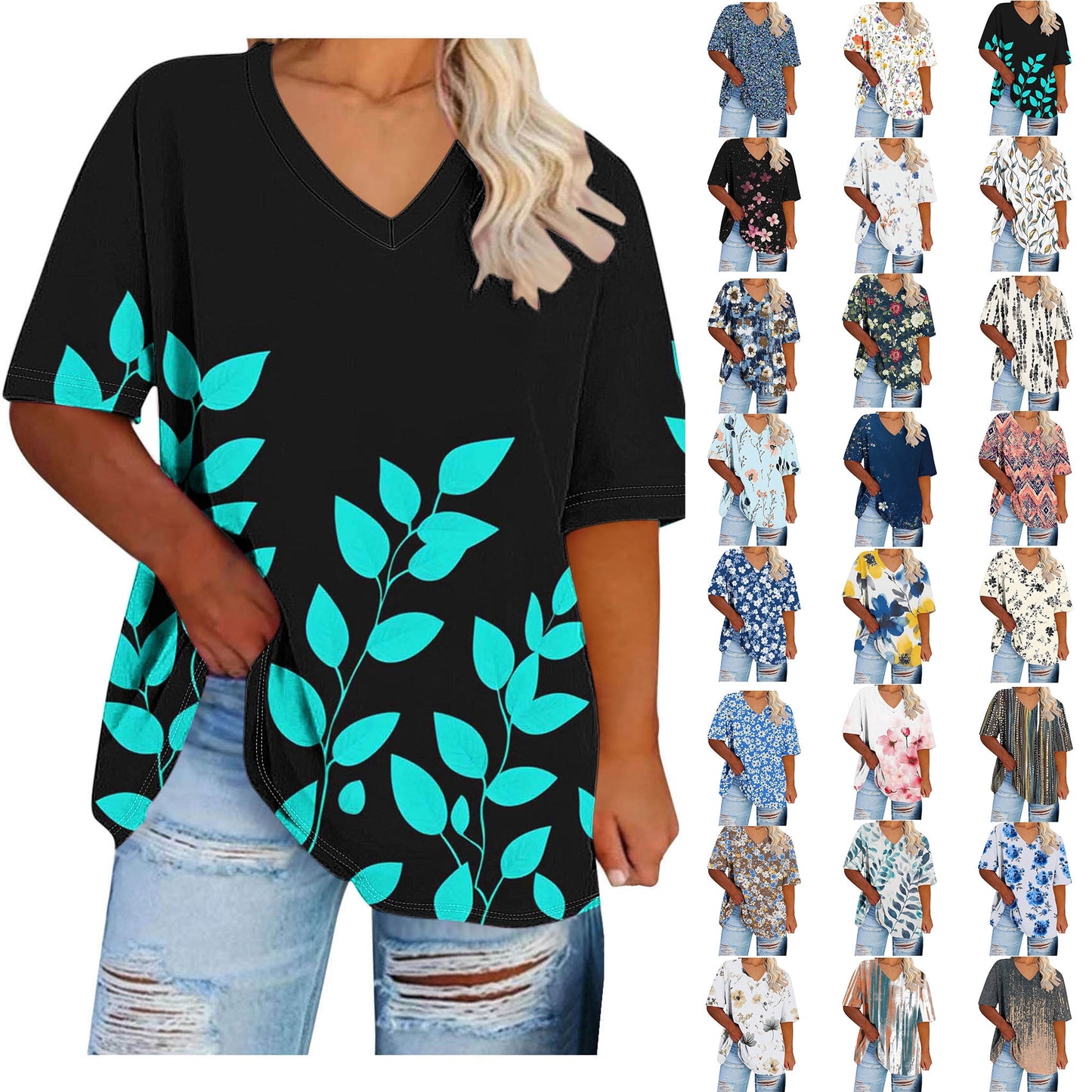 Women Tops Trendy Sawvnm Women's Plus-Size V-Neck Short Sleeved Printi