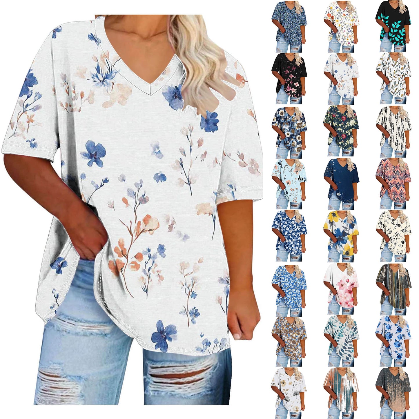 Women Tops Trendy Sawvnm Women's Plus-Size V-Neck Short Sleeved Printi