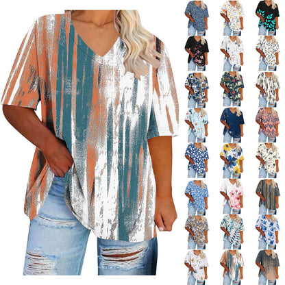 Women Tops Trendy Sawvnm Women's Plus-Size V-Neck Short Sleeved Printi