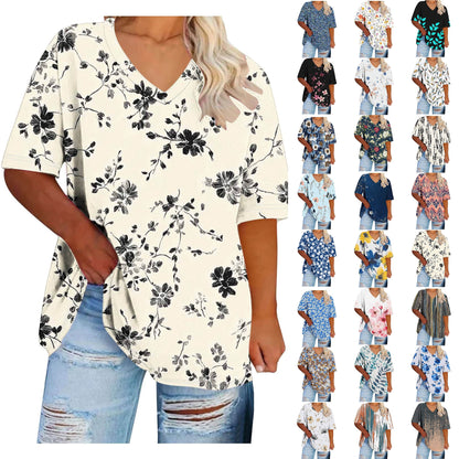 Women Tops Trendy Sawvnm Women's Plus-Size V-Neck Short Sleeved Printi