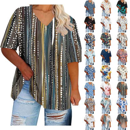 Women Tops Trendy Sawvnm Women's Plus-Size V-Neck Short Sleeved Printi