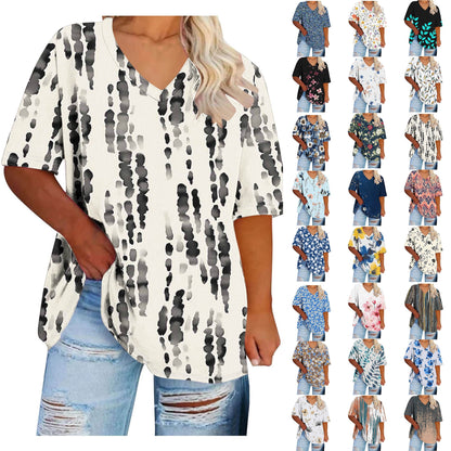 Women Tops Trendy Sawvnm Women's Plus-Size V-Neck Short Sleeved Printi