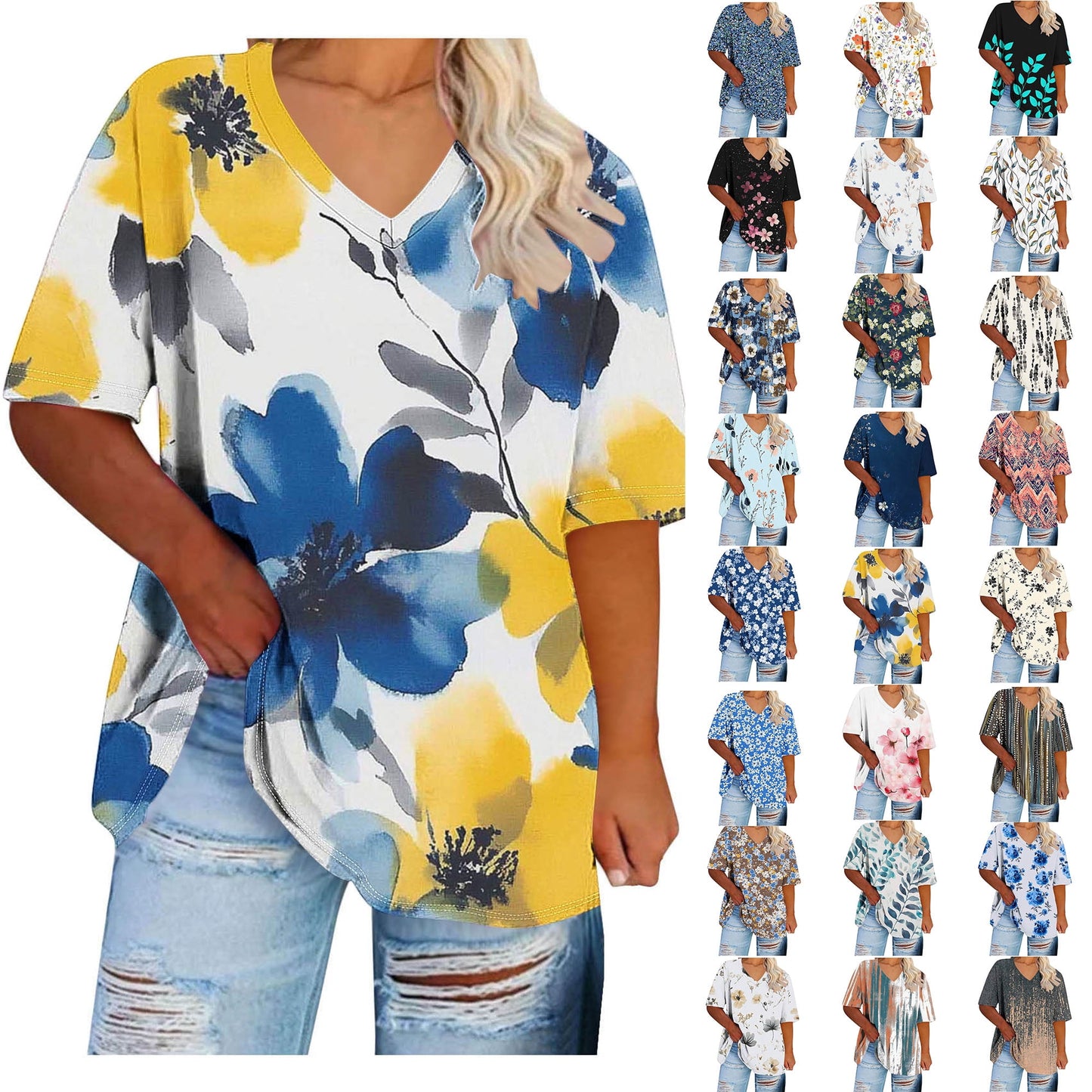 Women Tops Trendy Sawvnm Women's Plus-Size V-Neck Short Sleeved Printi