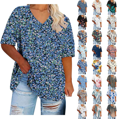 Women Tops Trendy Sawvnm Women's Plus-Size V-Neck Short Sleeved Printi
