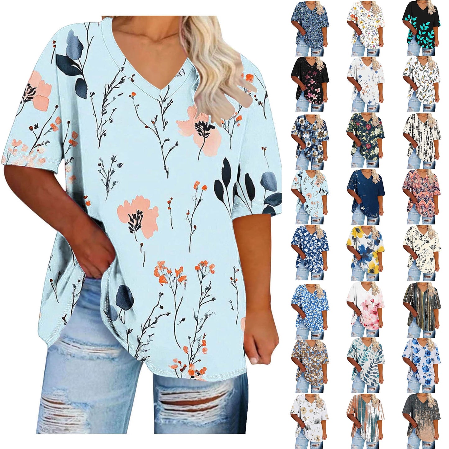Women Tops Trendy Sawvnm Women's Plus-Size V-Neck Short Sleeved Printi