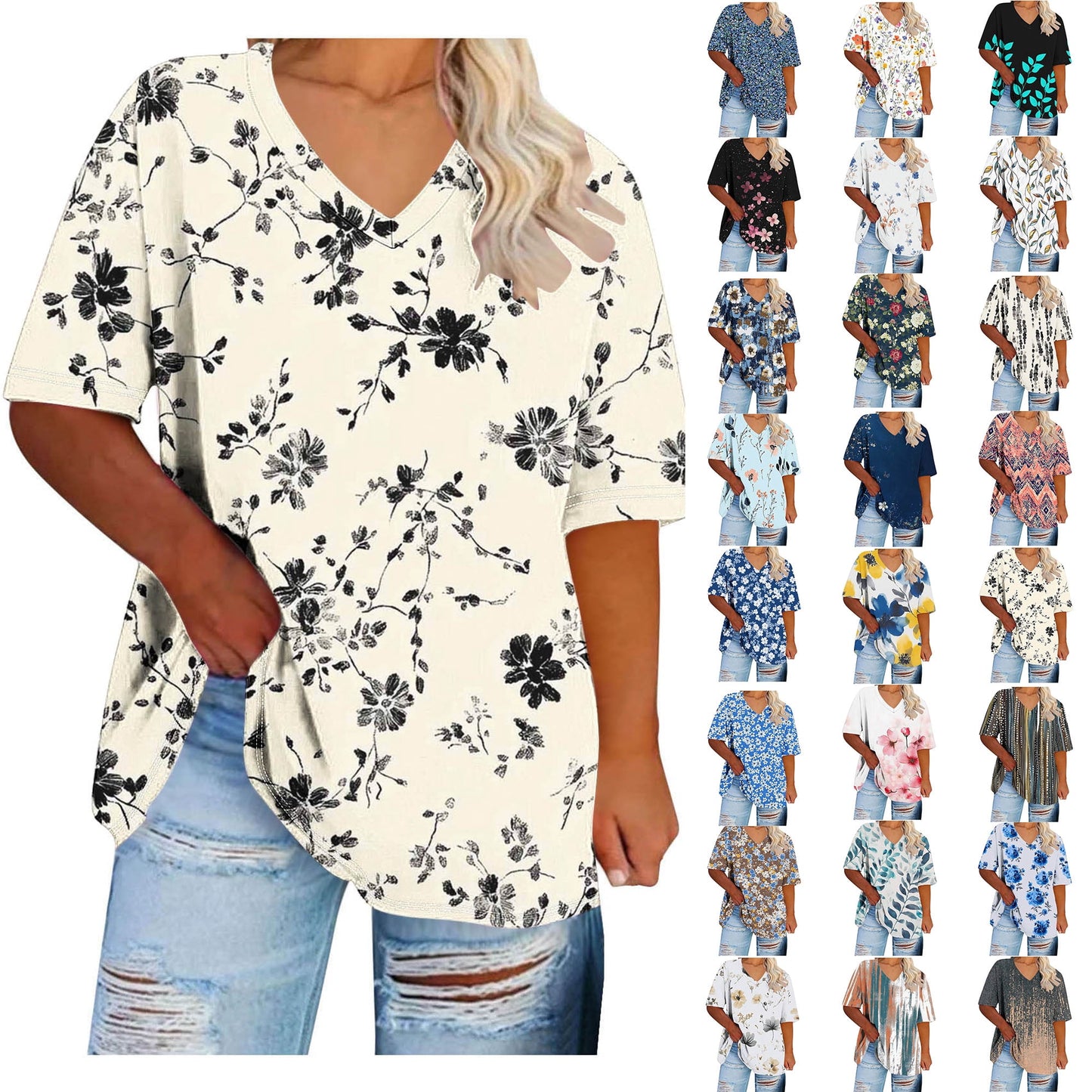 Women Tops Trendy Sawvnm Women's Plus-Size V-Neck Short Sleeved Printi
