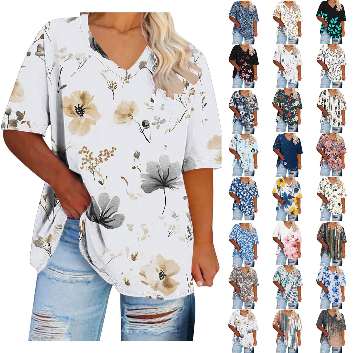 Women Tops Trendy Sawvnm Women's Plus-Size V-Neck Short Sleeved Printi