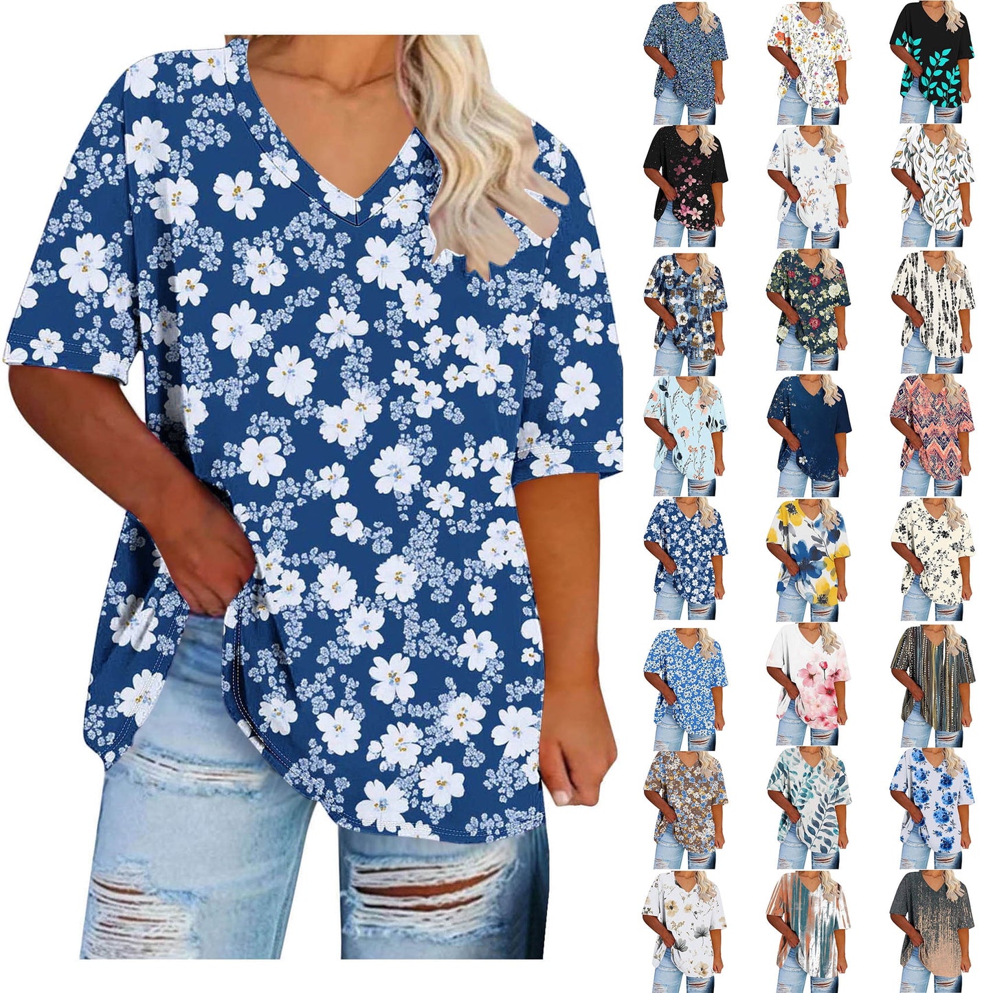 Women Tops Trendy Sawvnm Women's Plus-Size V-Neck Short Sleeved Printi