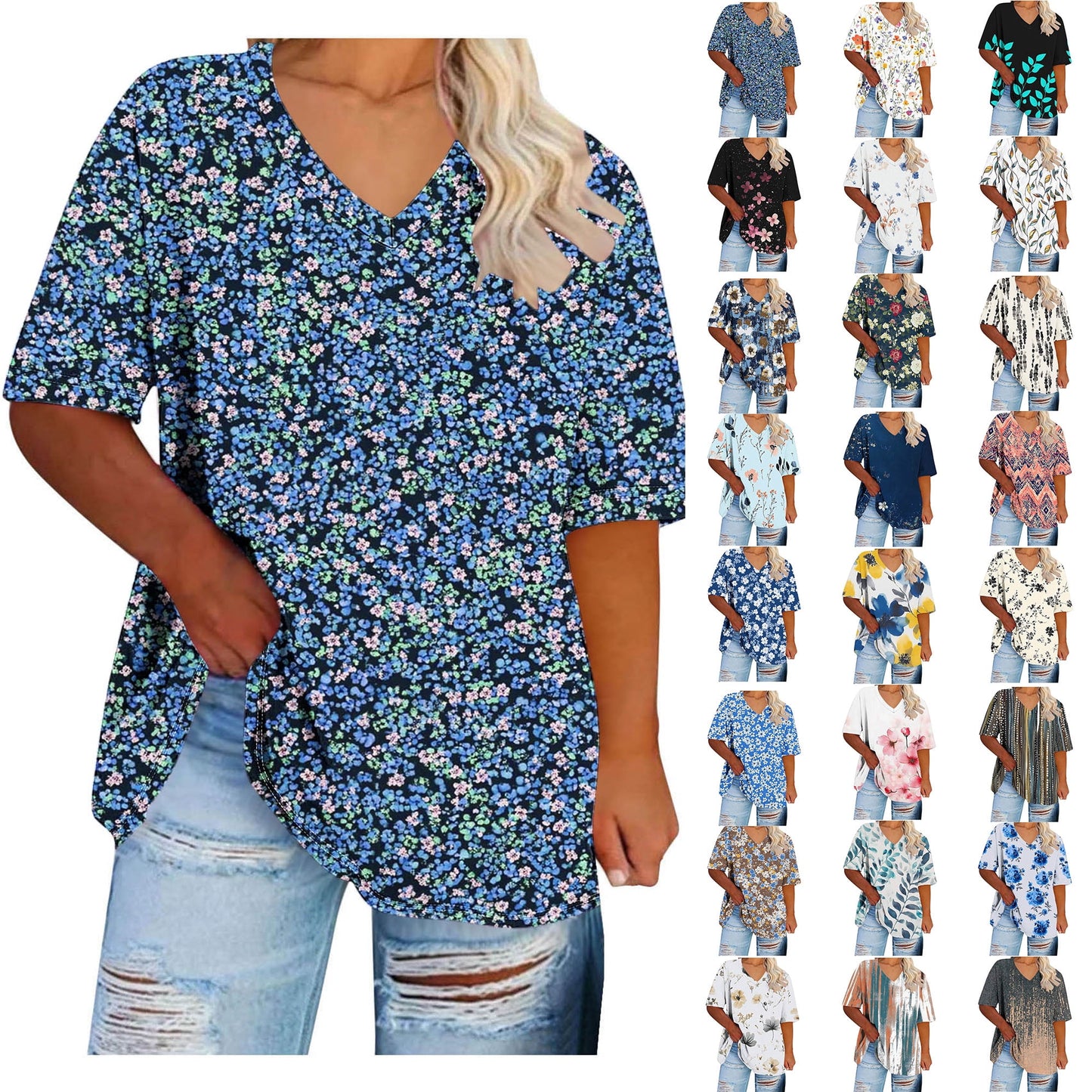 Women Tops Trendy Sawvnm Women's Plus-Size V-Neck Short Sleeved Printi