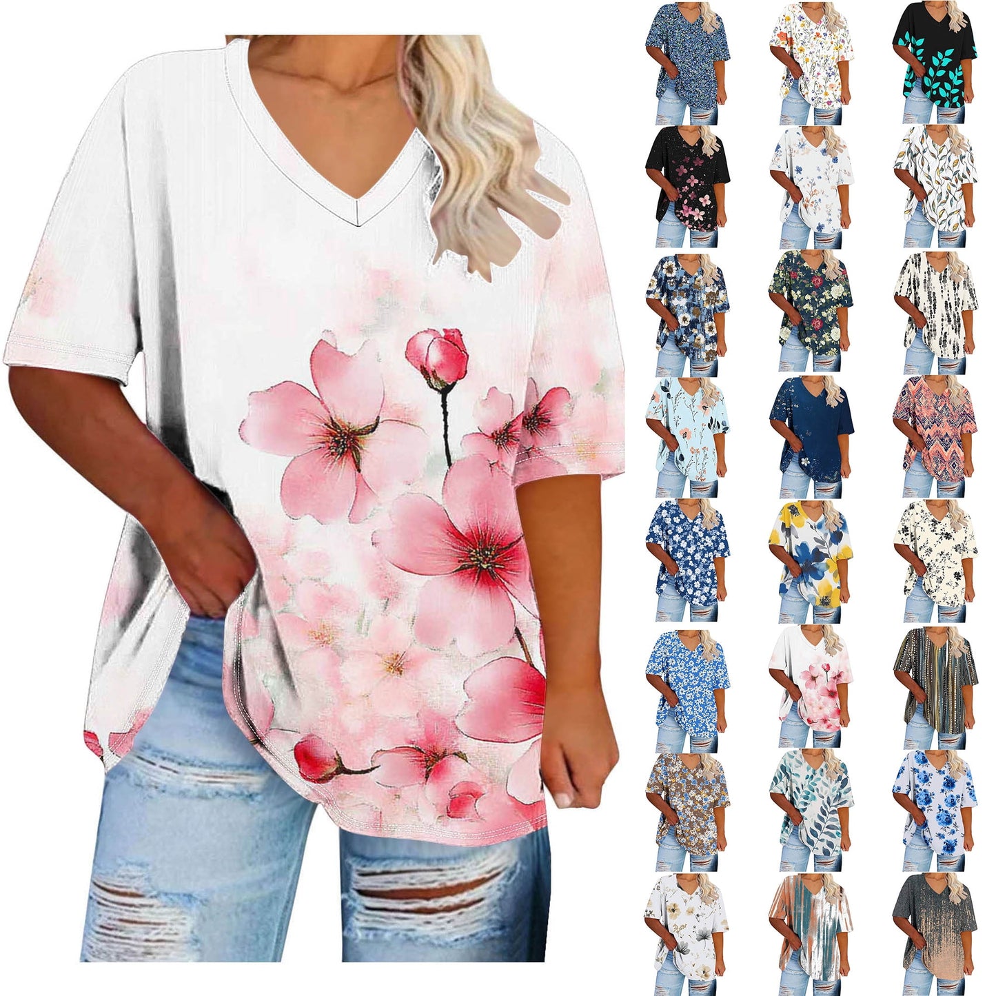 Women Tops Trendy Sawvnm Women's Plus-Size V-Neck Short Sleeved Printi