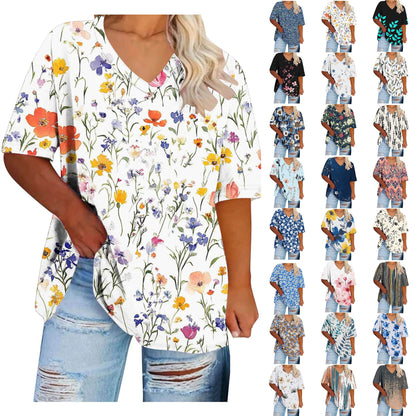 Women Tops Trendy Sawvnm Women's Plus-Size V-Neck Short Sleeved Printi