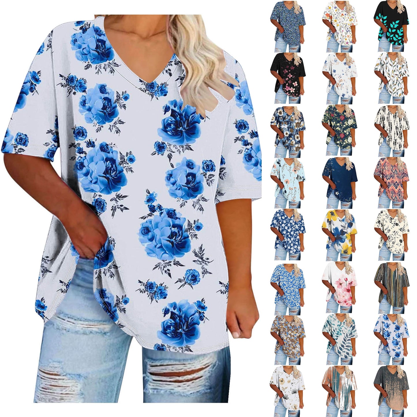 Women Tops Trendy Sawvnm Women's Plus-Size V-Neck Short Sleeved Printi