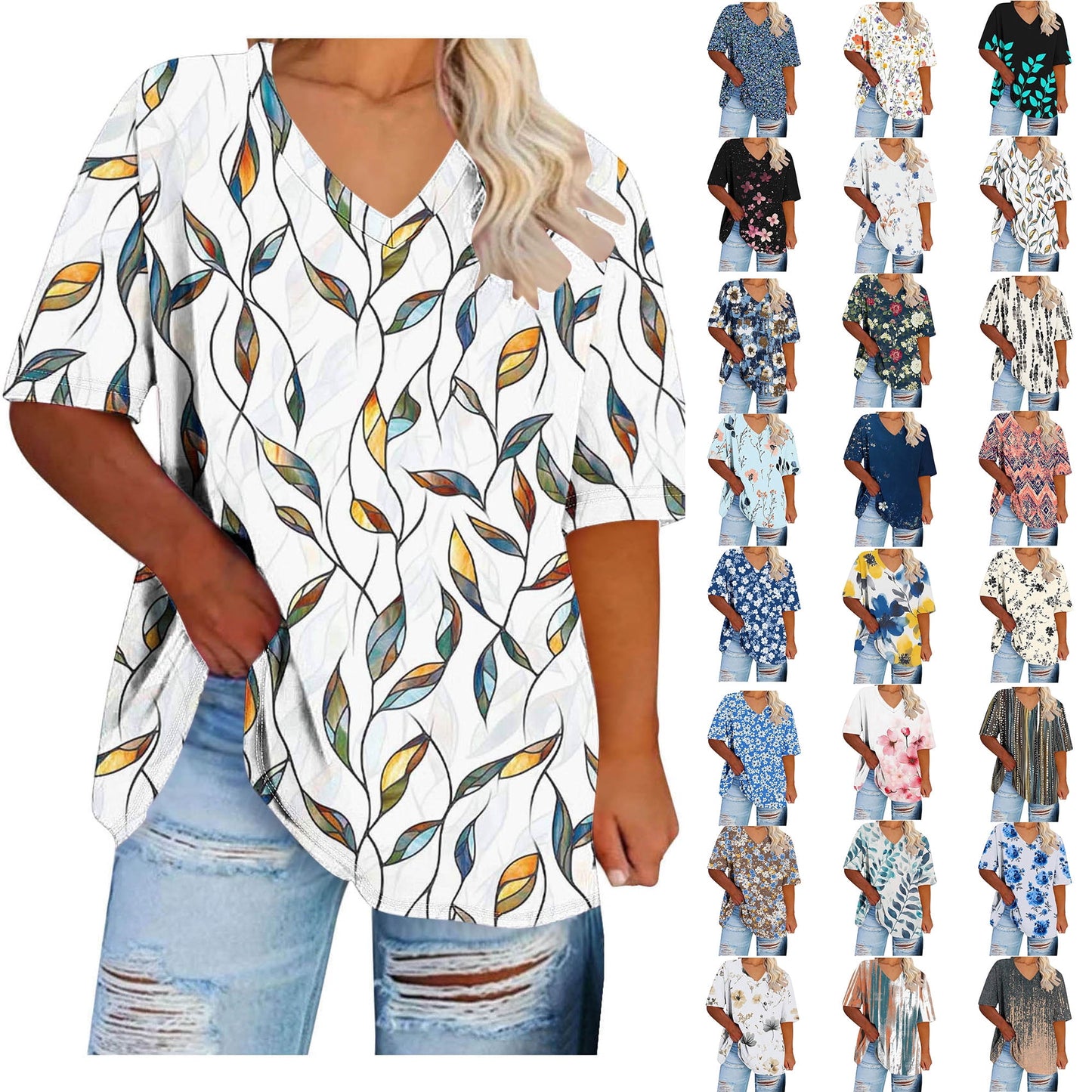 Women Tops Trendy Sawvnm Women's Plus-Size V-Neck Short Sleeved Printi