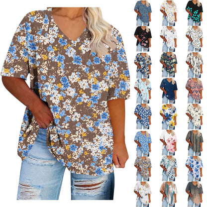 Women Tops Trendy Sawvnm Women's Plus-Size V-Neck Short Sleeved Printi