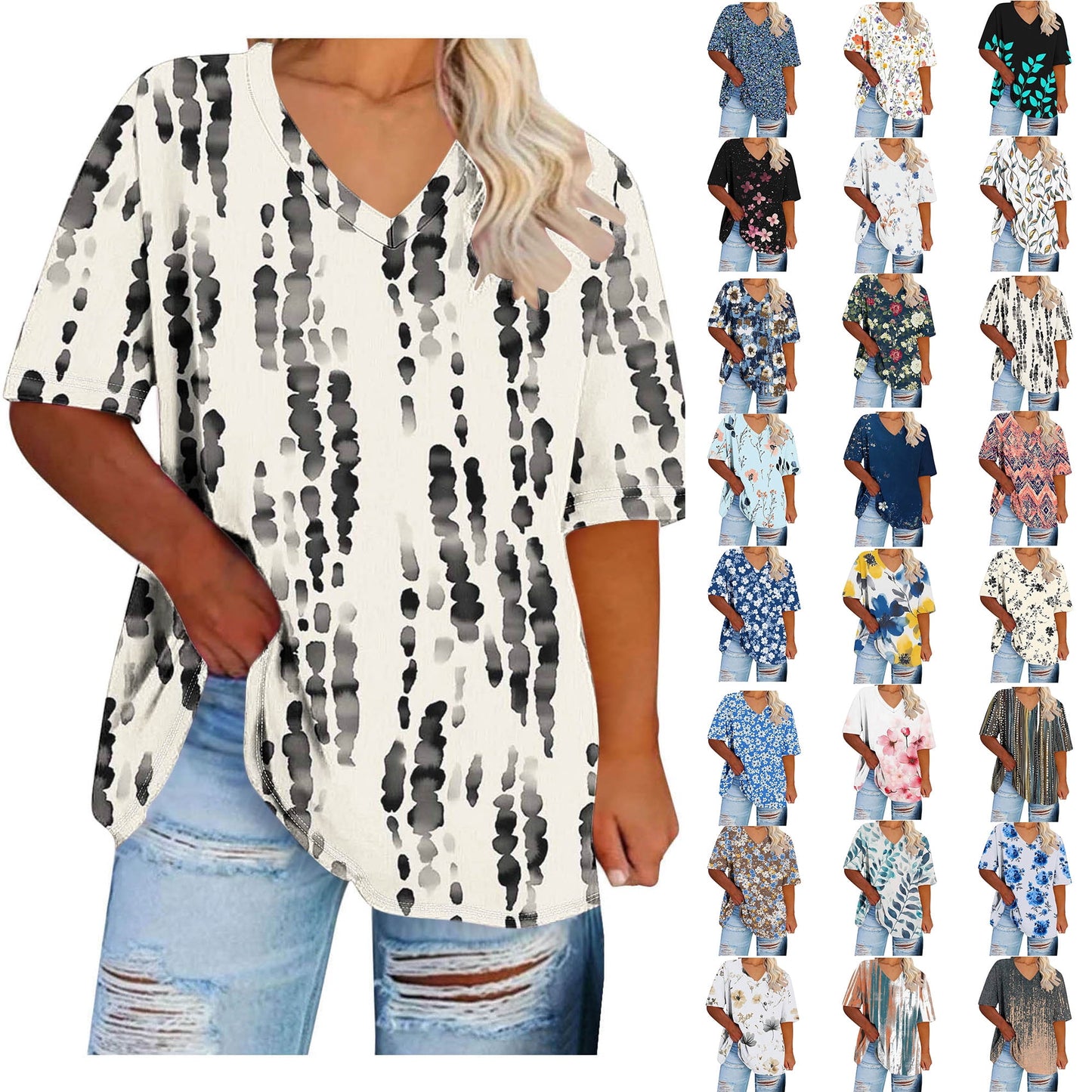 Women Tops Trendy Sawvnm Women's Plus-Size V-Neck Short Sleeved Printi