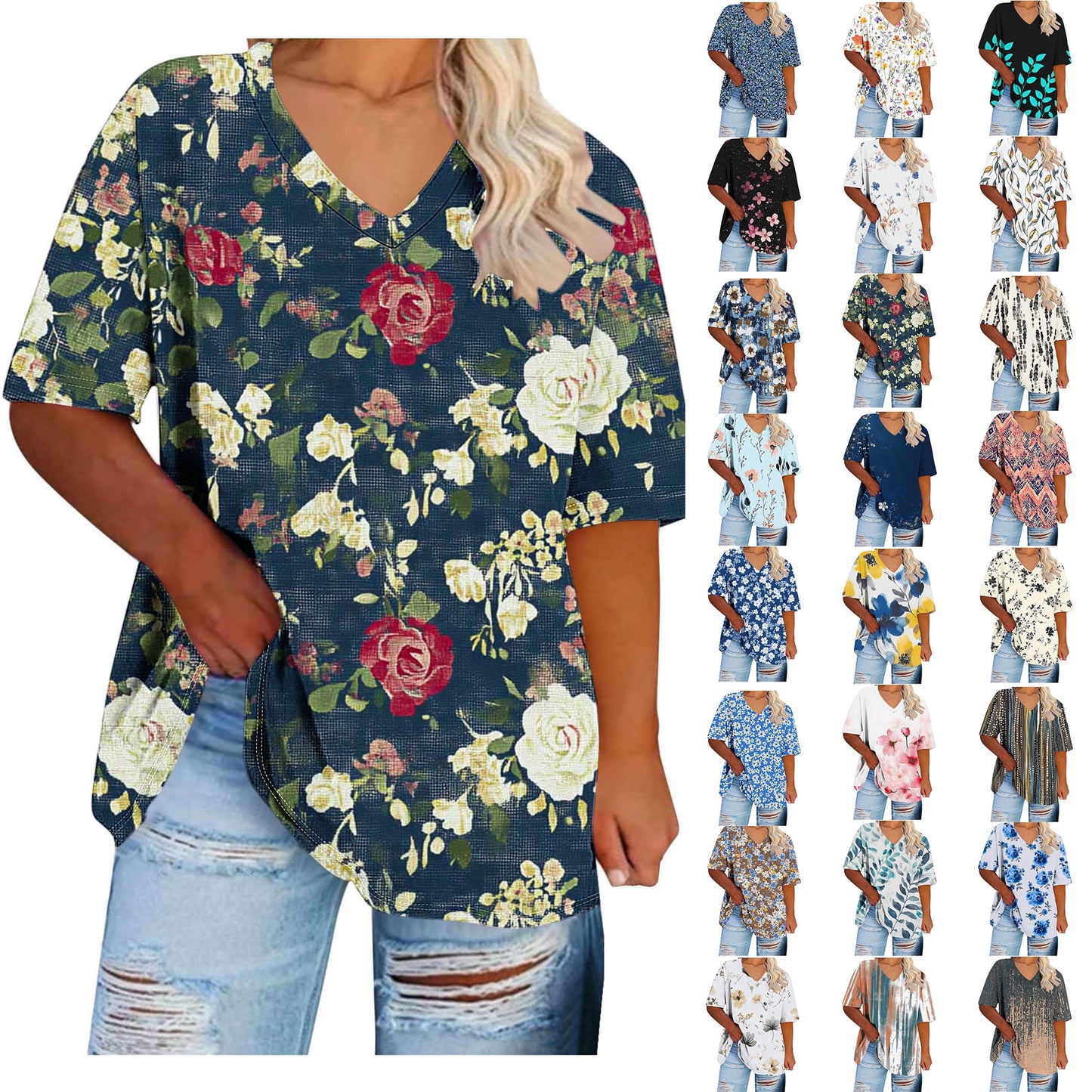 Women Tops Trendy Sawvnm Women's Plus-Size V-Neck Short Sleeved Printi