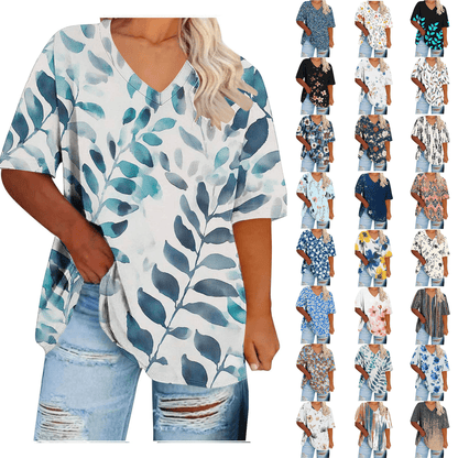 Women Tops Trendy Sawvnm Women's Plus-Size V-Neck Short Sleeved Printi