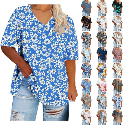 Women Tops Trendy Sawvnm Women's Plus-Size V-Neck Short Sleeved Printi