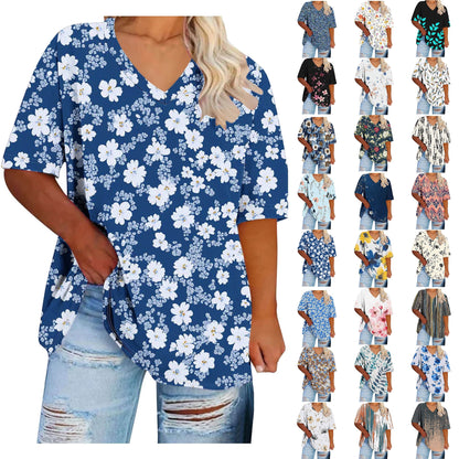 Women Tops Trendy Sawvnm Women's Plus-Size V-Neck Short Sleeved Printi