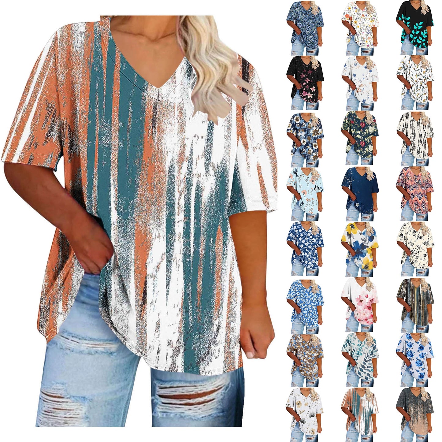 Women Tops Trendy Sawvnm Women's Plus-Size V-Neck Short Sleeved Printi